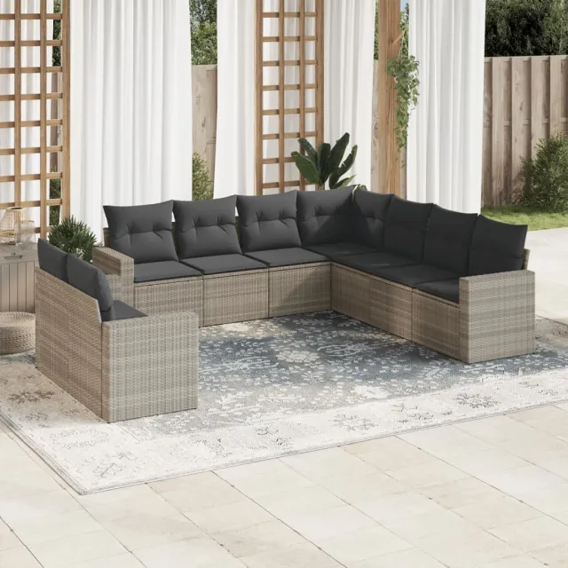 vidaXL 9-delige Loungeset met kussens poly rattan lichtgrijs grijs, foto 2