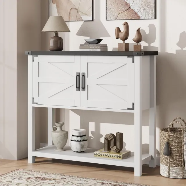 Danky Sidetable Landelijke Stijl - Dressoir met 2 Lades en 2 Kastjes - Consoletafel voor Hal, Woonkamer en Keuken - Zwart & Wit - Koffiebar & Buffetkast - 80 x 36 x 86 cm