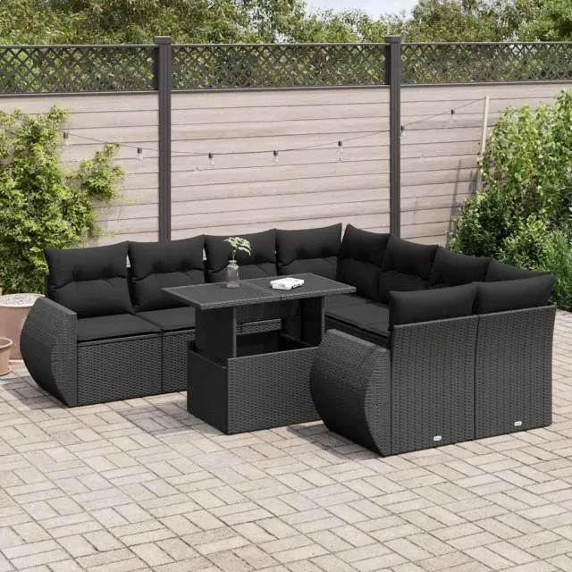 vidaXL 9-delige Loungeset met kussens poly rattan zwart, foto 2