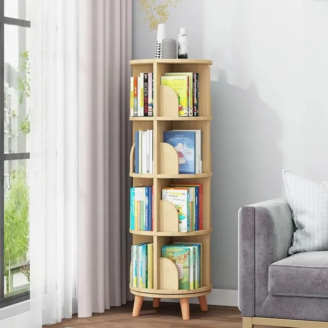 Whoopr® 4-Tier Houten Boekenkast - Boekenrek - Draaibare Vloerstandaard en Multifunctionele Vitrine Organizer - Ideaal voor Boeken, Decoratie en Opslag Houtskleur