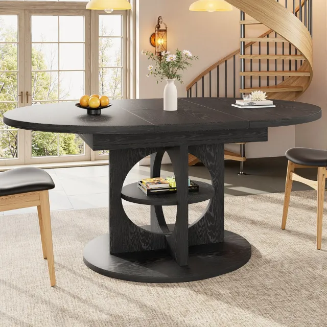 Wishdor Uitschuifbare eettafel - Stauraum - Rond naar ovaal - Modern - MDF en metaal - Zwart - 110/150 x 110 x 76 cm