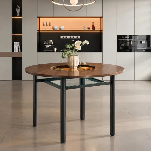CHICFURN Eettafel - 4 personen - glasinleg - metalen frame - bruin zwart