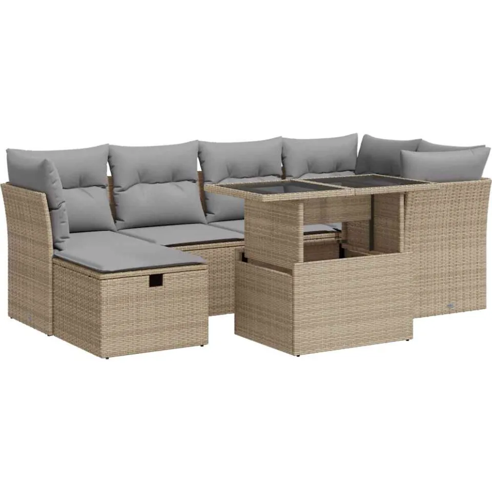 vidaXL 7-delige Loungeset met kussens poly rattan beige, foto 3