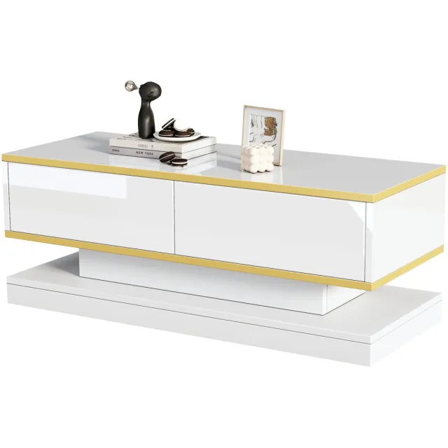Merax Hoogglans Salontafel 100x50x38 cm – Moderne Witte Koffietafel met Gouden Rand en 2 Lades – Luxe Woonkamertafel met Opbergruimte