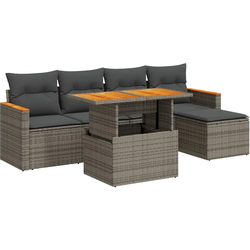 vidaXL 6-delige Loungeset met kussens poly rattan acacia grijs, foto 3