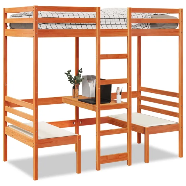 vidaXL Hoogslaper met bureau en stoelen grenenhout wasbruin 90x200cm