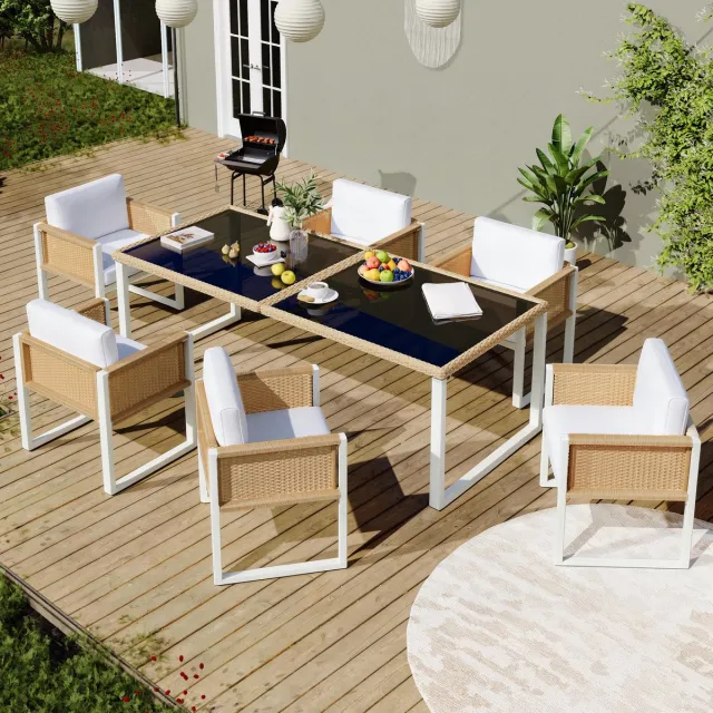 MODFU Tuin Eethoek - 7-Delig - Met Gehard Glazen Tafelblad En Verstelbare Voeten - Voor Buiten - PE-Rotan - Bruin/Wit Bruin, wit