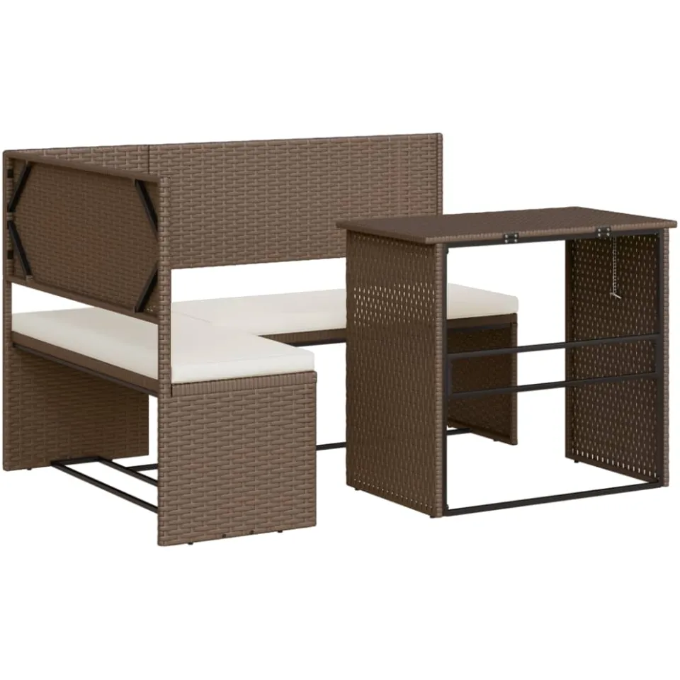 vidaXL Tuinbank met tafel en kussens L-vormig poly rattan bruin, foto 3