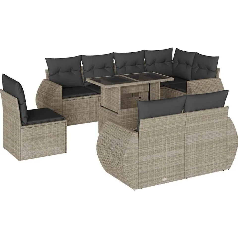 vidaXL 9-delige Loungeset met kussens poly rattan lichtgrijs grijs, foto 3