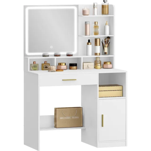HILINSIE Kaptafel - Make up Tafel - Kaptafel met Spiegel en Verlichting - met 3 Planken en 4 Open Vakken - Grote Lades en Kastjes - 3 Instelbare Lichtsterktes - Wit - 80 x 40 x 140 cm