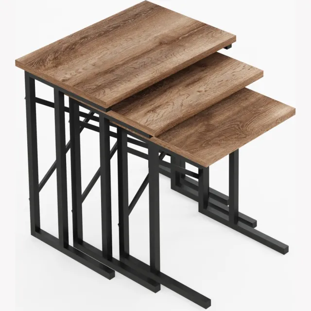 FurniChic Salontafel Set van 3 - Bruin Sacramento EIK - Industrieel Design - Vierkante Bijzettafels - 35x53x54 cm OAK(Sacramento EIK)