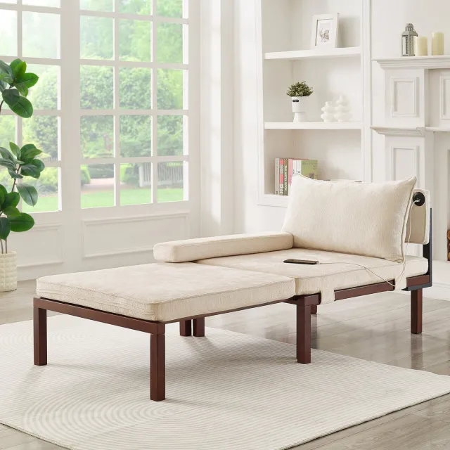 MEUNIQ beige slaapbank voor 1 persoon, uitklapbaar tot bed, met USB- en Type-C-aansluiting, velvet bekleding en houten frame voor woonkamer of studeerkamer