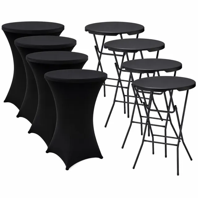 Alora 4x Zwarte Statafel + Zwarte Statafelrok x 4 – ø80 cm x 110 cm hoog - Cocktailtafel - Hoge staan tafel - Breed Blad - Inclusief zwarte Statafelhoes - Staantafelrok Stretch - Bartafel rond - Sta tafel Horeca