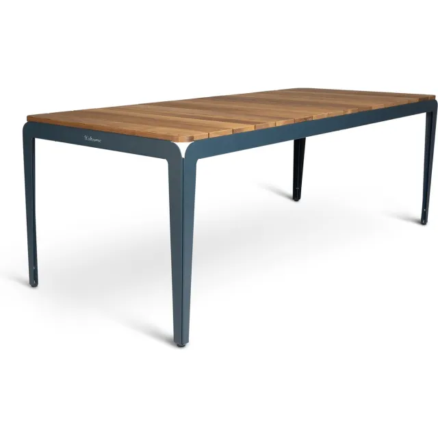 Weltevree Bended Table Wood | Duurzame Tuintafel Hout & Staal 90 x 220 cm | Eettafel Buiten Essenhout, Tuinmeubel | Tuin Tafel 8 Personen | Grijsblauw Grijsblauw RAL 5008