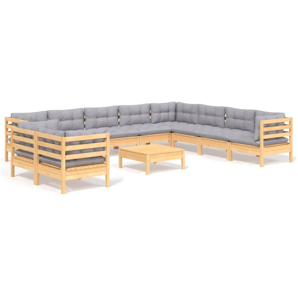 vidaXL 11-delige Loungeset met grijze kussens massief grenenhout Grijs