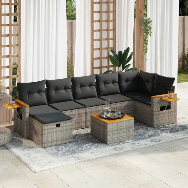 vidaXL 8-delige Loungeset met kussens poly rattan grijs, foto 2