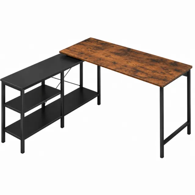 Noventra Hoekbureau - 135 x 120 cm – L-vormig Bureau met Opbergruimte en 2 Planken – Computerbureau met Industrieel Design, Houten Look en Zwart Metalen Frame voor Thuiswerken en Studeren zwart/houtlook