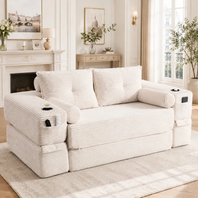 DESMIU Slaapbank 2-Zits 180 Cm - Uitklapbaar Met Opbergvakken, Bekerhouder En Memory-Kussens - Voor Woonkamer En Appartement - Corduroy Beige