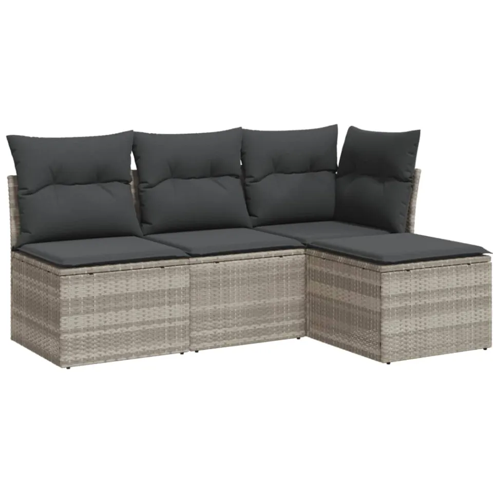 vidaXL 4-delige Loungeset met kussens poly rattan lichtgrijs grijs