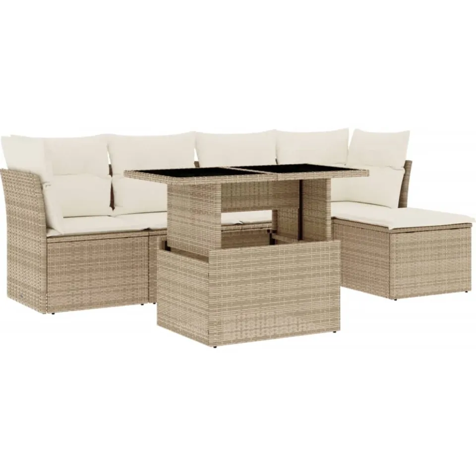 vidaXL 6-delige Loungeset met kussens poly rattan beige, foto 3