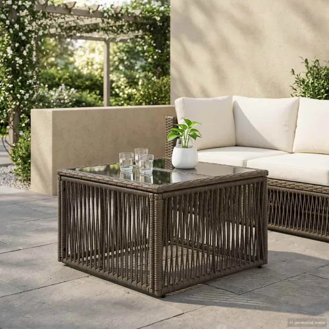 vidaXL Tuinstafel Grijs en zwart 55 x 55 x 37 cm PE Rattan en Glas, foto 2