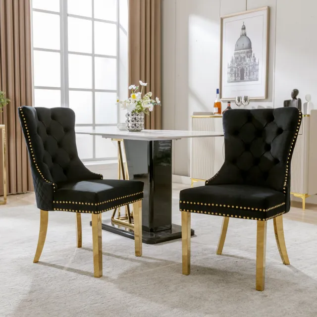 HAUSS SPOLE Eetkamerstoel - Luxe Velvet Met Ronde Zugringen - Set van 2 - Stijlvol Design Voor Keuken en Woonkamer - Zwart/Goud