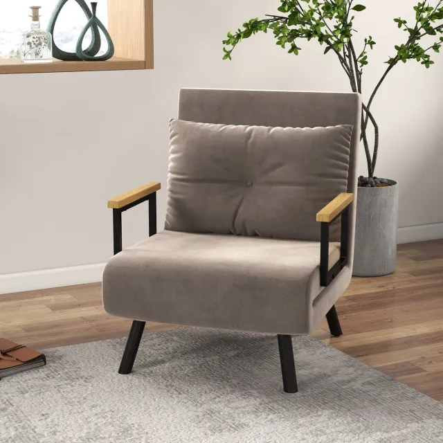 COVREO Fauteuil 63x73x81 cm lichtgrijs, velvet zitting met bedfunctie Lichtbruin