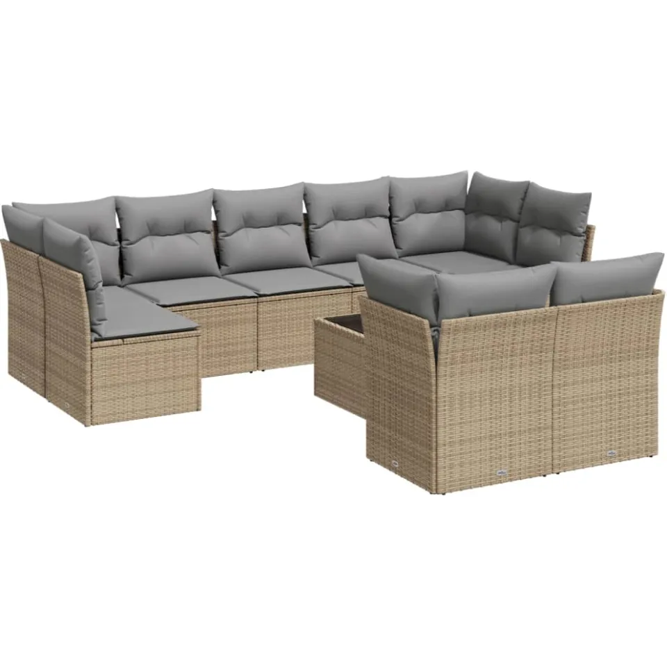 vidaXL 10-delige Loungeset met kussens poly rattan beige