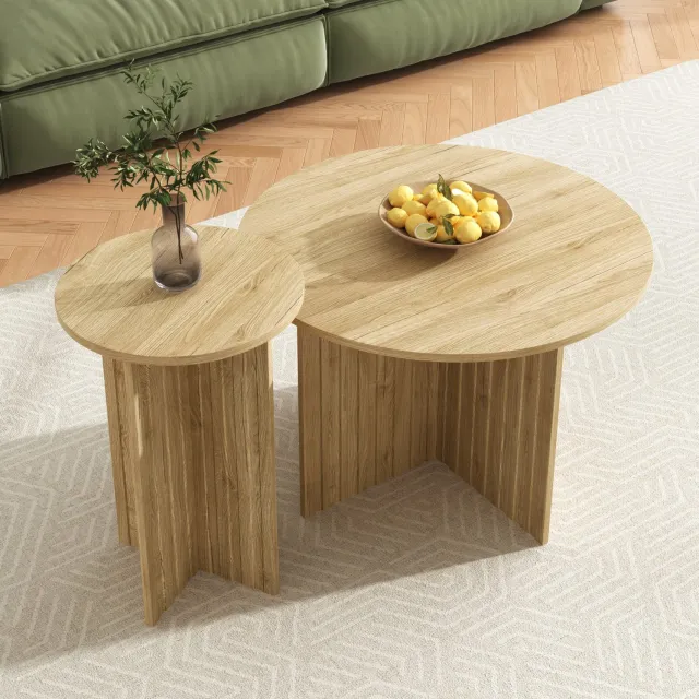Maisentiel 2-delige ronde salontafelset Ø 76/40 cm – nestbaar, MDF en spaanplaat, naturel