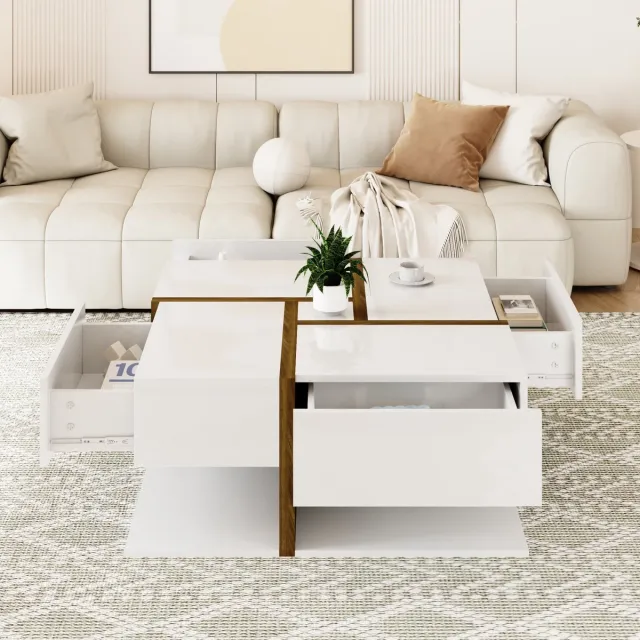 REDOM Vierkante salontafel hoogglans wit met 4 lades en grote onderplank — uniek lijnenpatroon, 78×78×34,8 cm