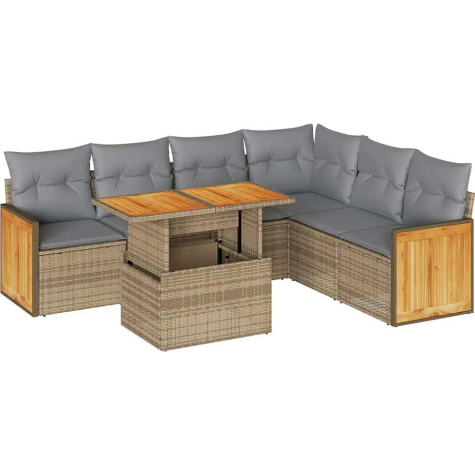 vidaXL 7-delige Loungeset met kussens poly rattan acacia beige, foto 3