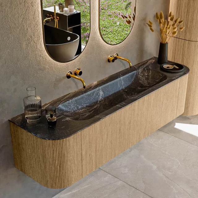 Mondiaz KURVE-DLUX 170 cm Onderkast Greeploos 1 Lade Met Deuren Oak, Wastafel Solid Surface Midden Lava 0 Kraangaten Zonder Spiegel (KRVBGL170L+R1L2D0KM-Oak/Lav)
