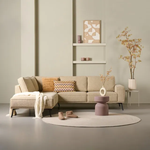 Woonexpress Hoekbank Alford - Textiel - Zand - 260x85x208 cm - Divan Links - Zwarte Poten Beige