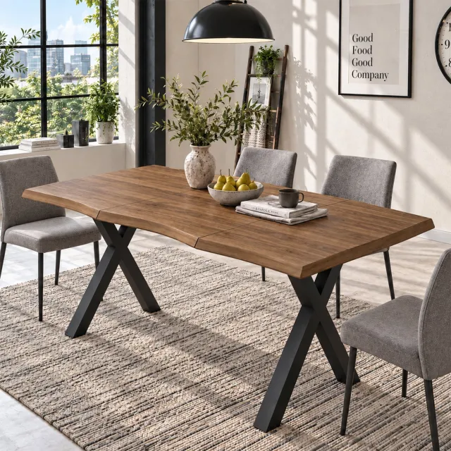 CHICFURN Eettafel 160 cm - 4 tot 6 personen - Voor gezamenlijke maaltijden - X-poten - Walnootkleur