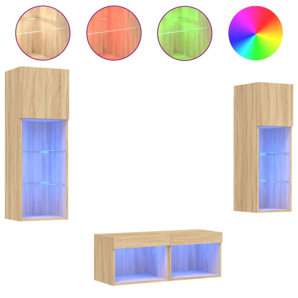 vidaXL 4-delige Tv-wandmeubelset met LED-verlichting sonoma eikenkleur, foto 4