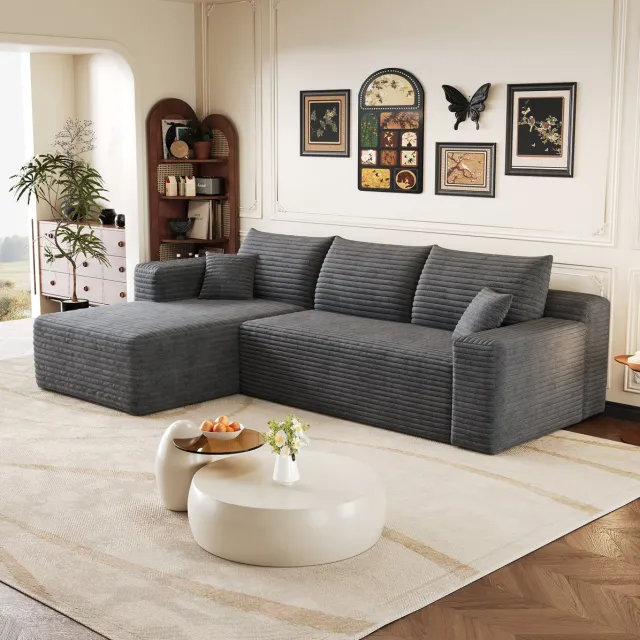 DESMIU Hoekbank 241 Cm - L Vorm Met Linkse Chaise Longue En Zachte Corduroy - Voor Woonkamer - Stof - Donker Grijs Donkergrijs
