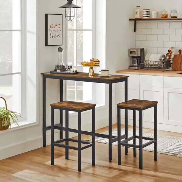 Quality Goods Bartafel-set, statafel met 2 barkrukken, keukenbar met barstoelen, keukentafel en keukenstoelen in industrieel design, voor in de keuken, 120 x 60 x 90 cm, vintage, donkerbruin Donker bruin