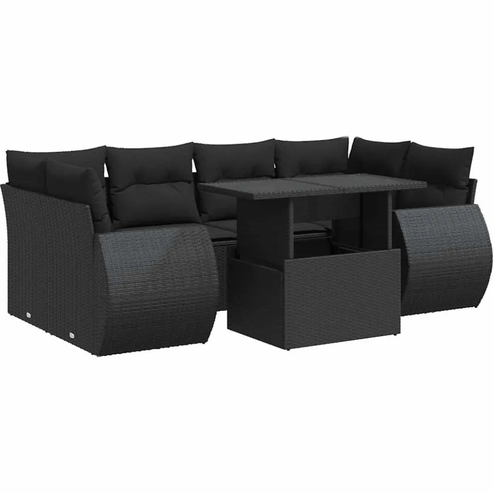 vidaXL 7-delige Loungeset met kussens poly rattan zwart, foto 3