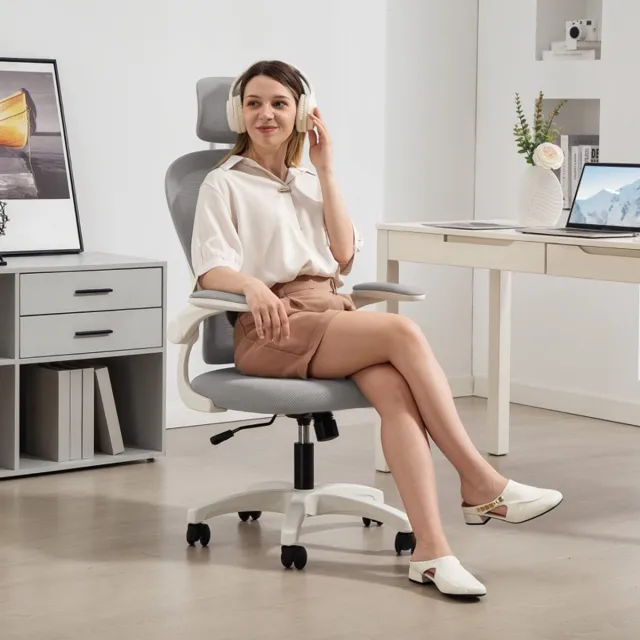 FloraGrace Bureaustoel – Ergonomische Netrugleuning Met Hoofdsteun En Wipfunctie – Verstelbare Zithoogte – Voor Werk, Studie En Gaming – Grijs