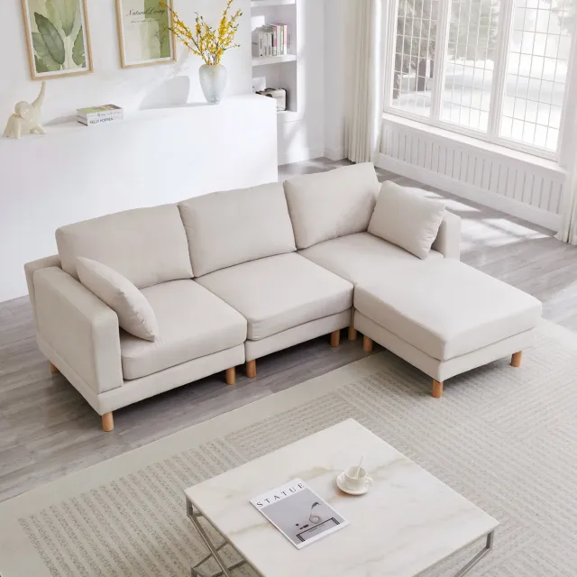 FloraGrace Hoekbank 235 x 152 x 78 cm - 3-Zits Met Hocker En Verplaatsbare Chaise Longue - Woonkamer - Polyester - Beige