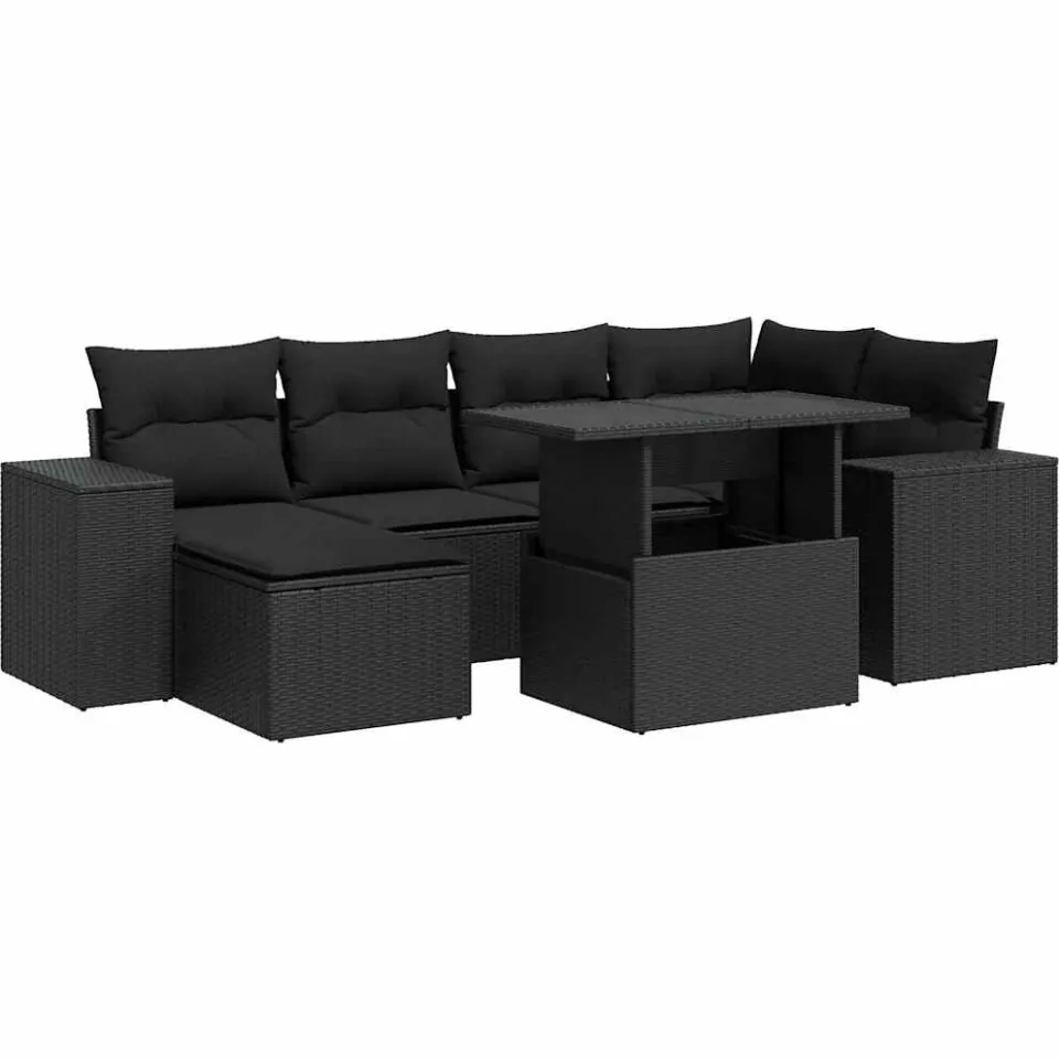 vidaXL 7-delige Loungeset met kussens poly rattan zwart, foto 3
