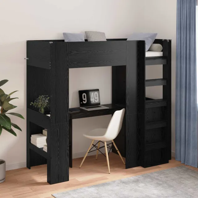 vidaXL Loft Bedframe met Bureau Zwart Eiken 75 x 190 cm Bewerkt hout