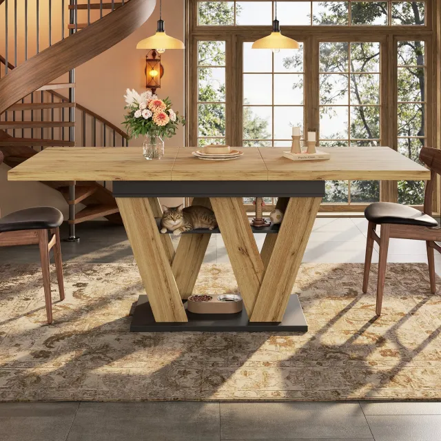 Maisentiel Uitschuifbare eettafel 119-158,5 x 80 x 75 cm - zwart en houtkleurig - met opbergvak Zwart, naturel houtkleur