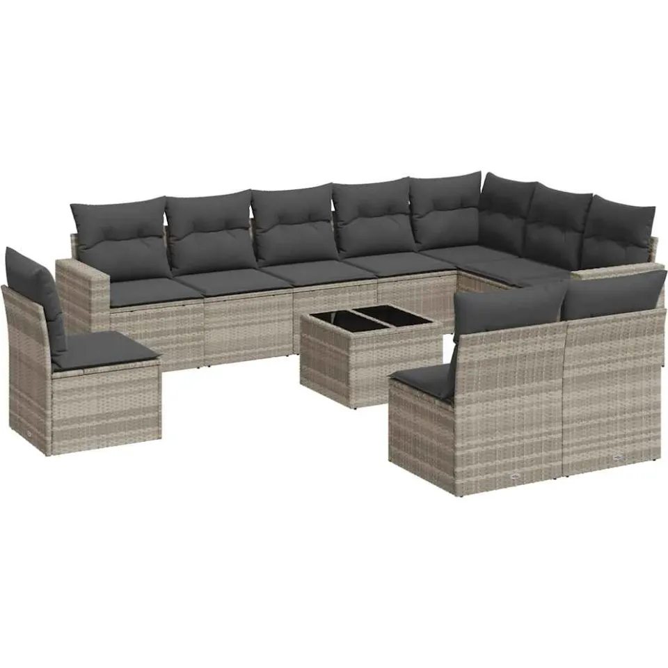 vidaXL 11-delige Loungeset met kussens poly rattan lichtgrijs grijs