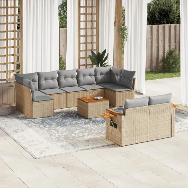vidaXL 10-delige Loungeset met kussens poly rattan beige, foto 2