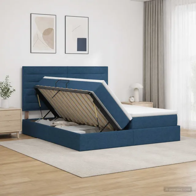 vidaXL Opslag bed met hoofdeinde met opslag Blauw 200 x 200 cm Stof