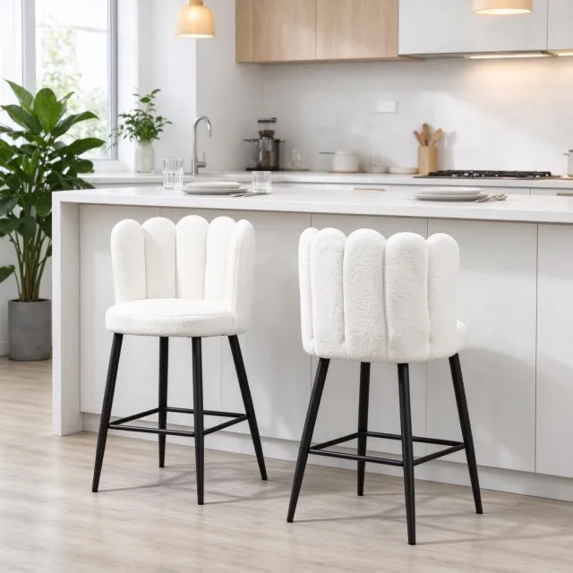 HAUSS SPOLE Barkrukken - Set van 2 - Gestoffeerd met Rugleuning en Voetsteun - Voor Keuken en Bar - Boucléstof en Staal - Crème en Zwart