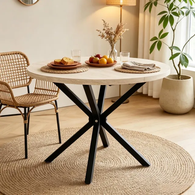 HAUSS SPOLE Eettafel - Rond Blad Met Metalen Kruisvoet - Voor Eetkamer En Woonkamer - Mdf En Metaal - 100x100x76,5 Cm - Zwart En Houtkleur Wit, zwart