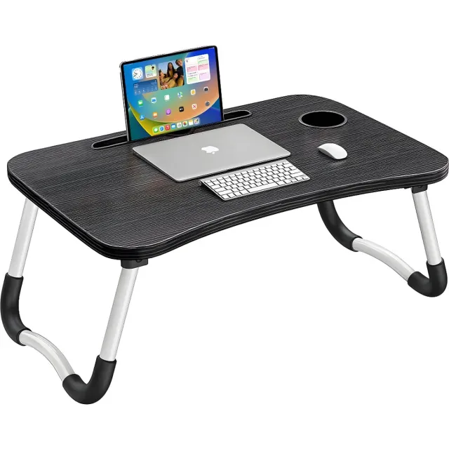 Rheme Laptop Tafel - Bedtafel - Inklapbaar - Ontbijt Tafeltje - Tablet houder - Beker houder - Anti Slip Poten - 60x40 CM - Zwart - Rheme