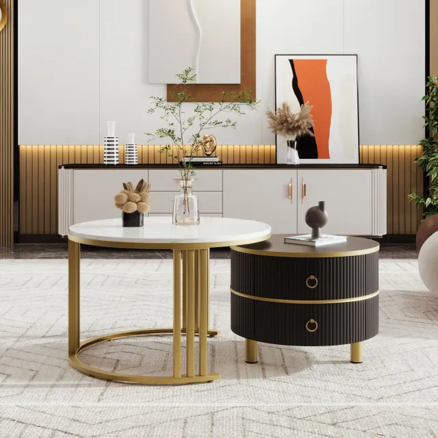 Sweiko Salontafel, 2-in-1 Ronde MDF Salontafel, Bijzettafel met Glanzend Tafelblad en 1 marmer dessin tafelblad, woonkamer salontafel combinatie met 2 lades, 70x70x46 cm en 50x50x40 cm, Zwart